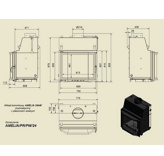 Каминная топка Amelia/R/PW/24 с водяной рубашкой_1